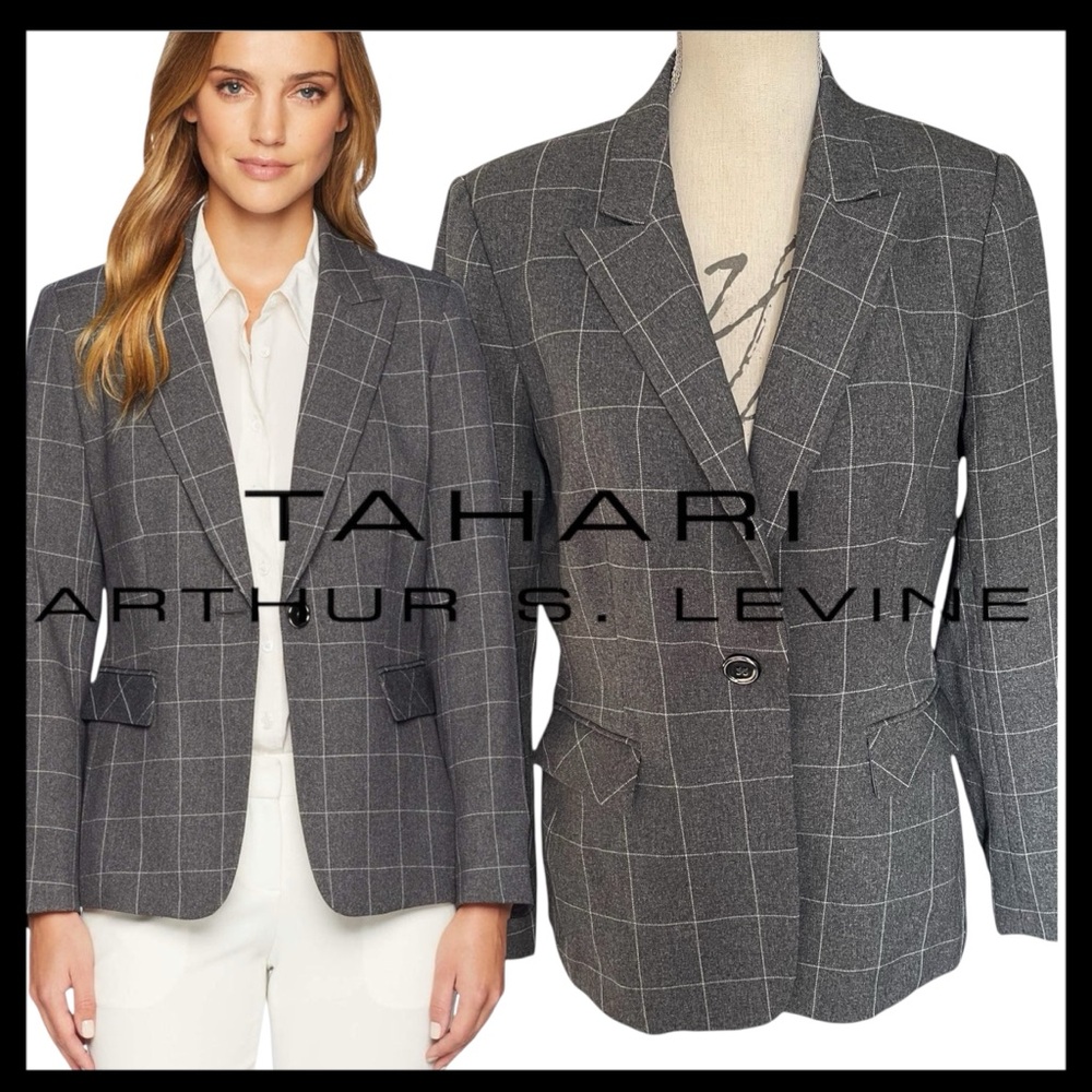 Tahari ASL Grey/White Windowpane One Button Blazer Jacket (10)